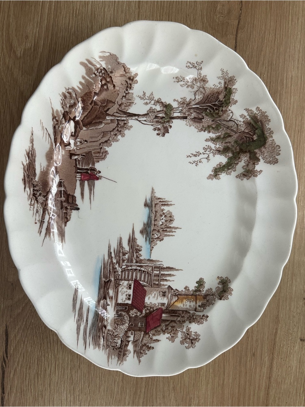 Scenic Ceramic Serving Platter in White with Brown and Red Accents
